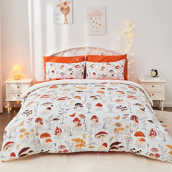 7 Piece Mushroom Comforter Set Twin Size,Plant Wild Mushroom Comforter with Sheet Set Bed in A Bag for Kids Boys Girls,Twin(1 Comforter, 1 Flat Sheet, 1 Fitted Sheet, 4 Pillowcases)
