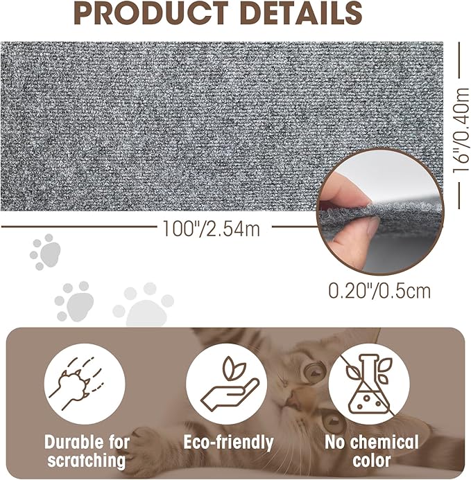 Cat Scratching Mat, 100"x16" Self-Adhesive Carpet Mat Trimmable Replacement for Cat Tree, Cat Wall Shelves, Cat Scratching Post, TanoFalo DIY Couch Furniture Protector (Dark Gray)