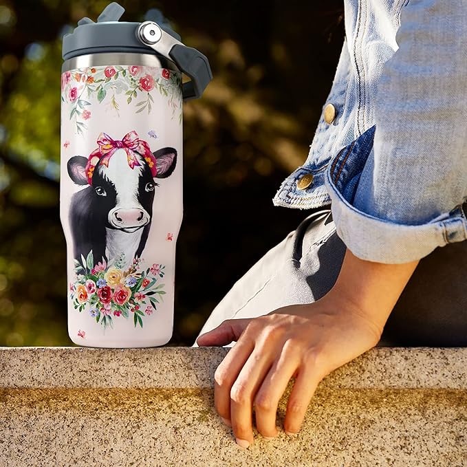 30oz Cow Print Tumbler with Handle and Straw， Just A Girl Who Loves Cows， Cow and Flower Coffee Cup， Stainless Steel Vacuum Insulated Tumbler, Cow Stuff Accessories Decor, Cow Gifts for Women