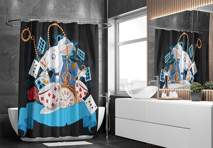 Ambesonne Alice in Wonderland Shower Curtain, Rabbit Motion Cups Hearts and Flower Character Alice Cartoon Style, Cloth Fabric Bathroom Decor Set with Hooks, 69" W x 84" L, Dark Blue Charcoal Grey