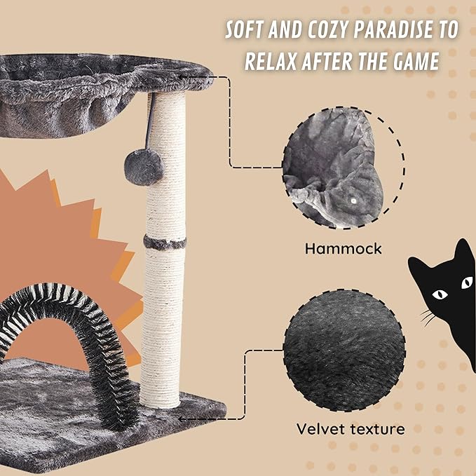 POLIPETS 19” Tall Cat Tower with Hammock,Sisal Scratching Posts and Pets Self Groomer Massager, Soft Hanging Basket Perch Hammock,Indoors Cat Furniture 16x15”, Gray