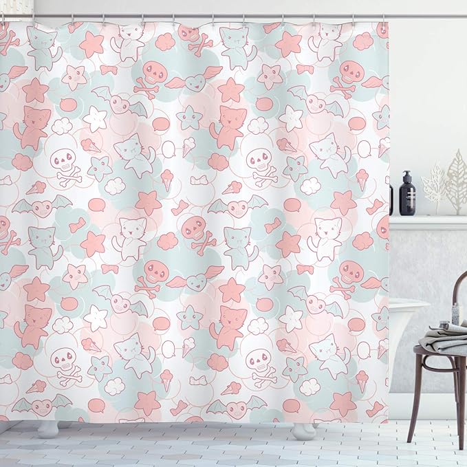Ambesonne Cartoon Shower Curtain, Styled Cats Bats and Skulls Japanese Inspired Kawaii Design, Cloth Fabric Bathroom Decor Set with Hooks, 69" W x 75" L, Light Pink
