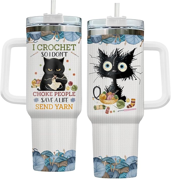 34HD Black Cat Tumbler with Handle & Straw, 40oz Vacuum Insulated Cat Coffee Cup, I Crochet So I Dont Choke People Mug, Crochet Lover Gifts for Birthday Mothers Day Christmas