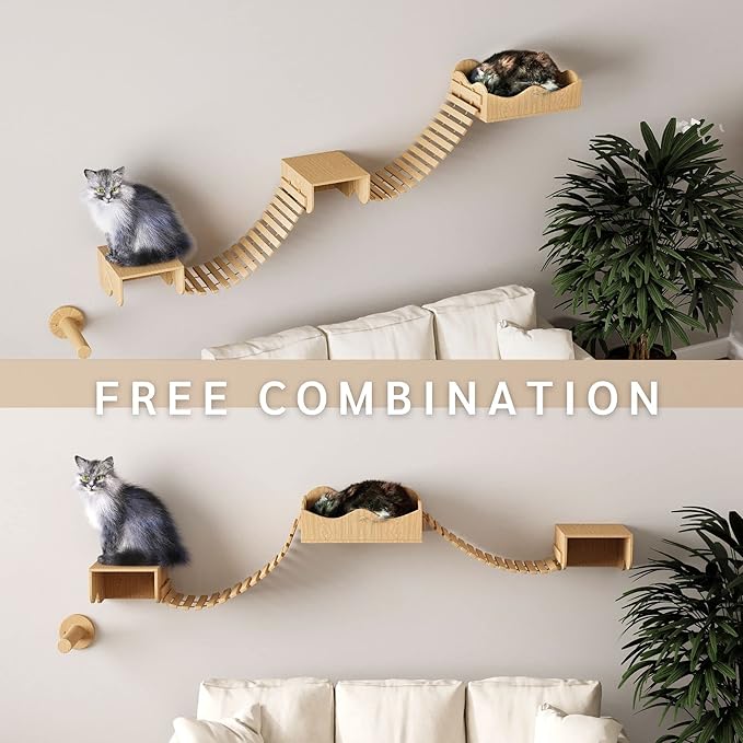 Cat Hammock for Wall Furniture,Cat Climbing Shelves Cat Wall Mounted Cat Bed Frame with Scratching Post 2 Bridge 2 Platform Shelf