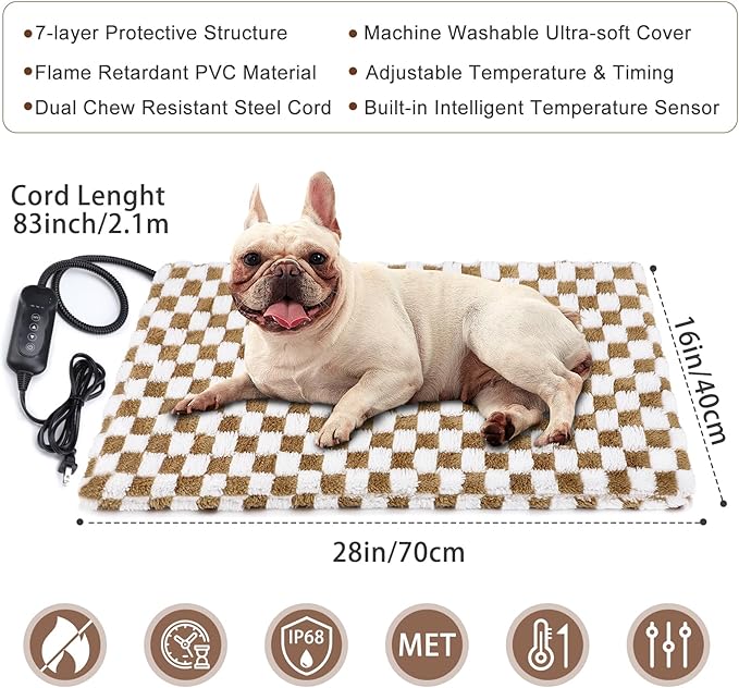 MIXJOY Heated Dog Bed, 11 Adjustable Temperature Dog Heating Pad Indoor with Timer, Pet Heating Pad for Dogs Cats, Electric Cat Heating Pad with Washable Cover, Heated Pet bed-28''x16'', Medium