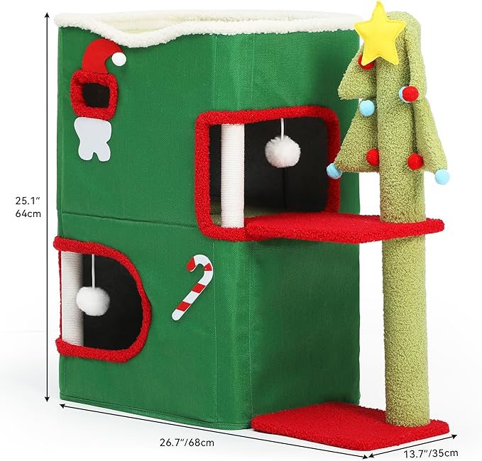 YITAHOME Christmas 2-Tier Cat House, Indoor Cat Cave Bed Playhouse, Covered Cat Beds & Furniture with Scratch Pad and Hideaway Cave,Christmas Cute Modern Cat Condo Furniture for Multi Small Cats