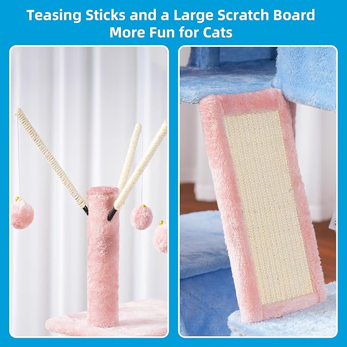 Hey-brother Cat Tree, 53 inch Cat Tower for Indoor Cats, Cat House with Padded Platform Bed, Toy Balls, Large Cozy Condo, Hammocks and Sisal Scratching Posts,Blue and Pink MPJ019SBP