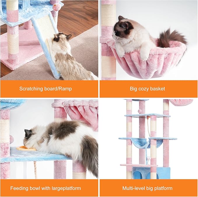 Heybly Tall Cat Tree,78 inch Multi-Level Cat Tower for Indoor Cats,2 Widened Plush Perches Cat Condo with Scratching Board and Big Caves,Blue and Pink HCT033BP