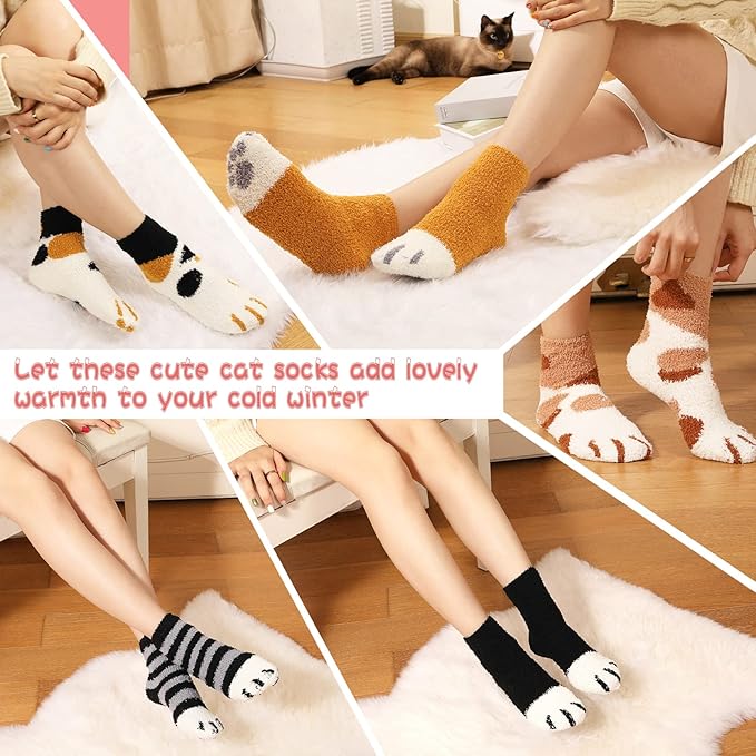 5 Pairs Fuzzy Cat Socks - Warm, Fluffy, Plush Winter Socks for Women