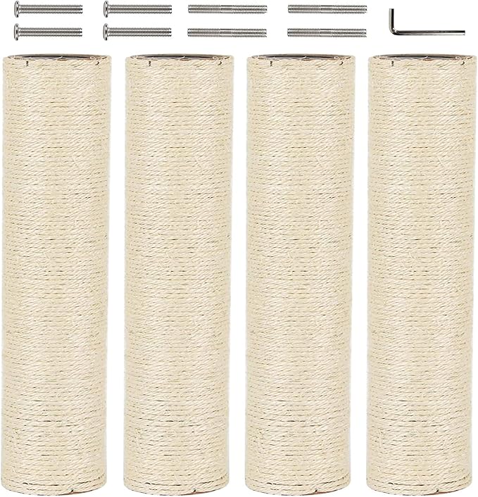 VCEPJH Cat Scratching Post Replacement 4 Pcs 12in Cat Tree & Tower Scratch Pole Refill Parts with M8 Screws Sisal Rope Cat Furniture Protector for Indoor Kittens Tree Tower (White)
