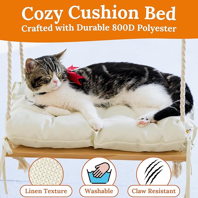 Cat Window Perch - Cat Hammock for Window - Solid Wood Seat & Strong Suction Cups - Cat Window Bed & Furniture for Cats Inside - Hanging Window Shelf for Small Medium Indoor Cats