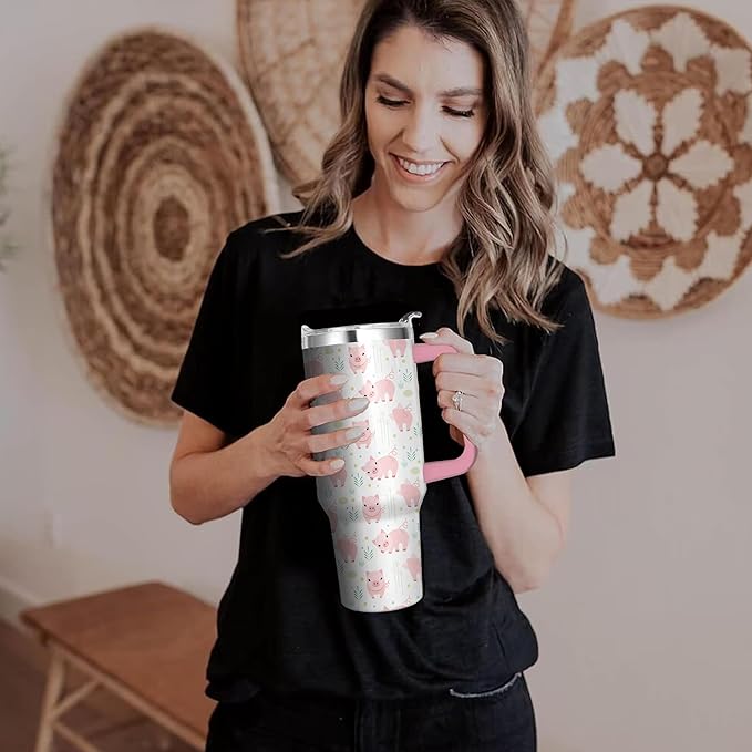 40 Oz Pig Tumbler with Handle and Straw, Double Wall Stainless Steel Pig Coffee Cup, Pig Mug Insulated Pig Cups for Women, 40 Oz Leak Proof Pig Coffee Mug for Women and Pig Gifts for Women