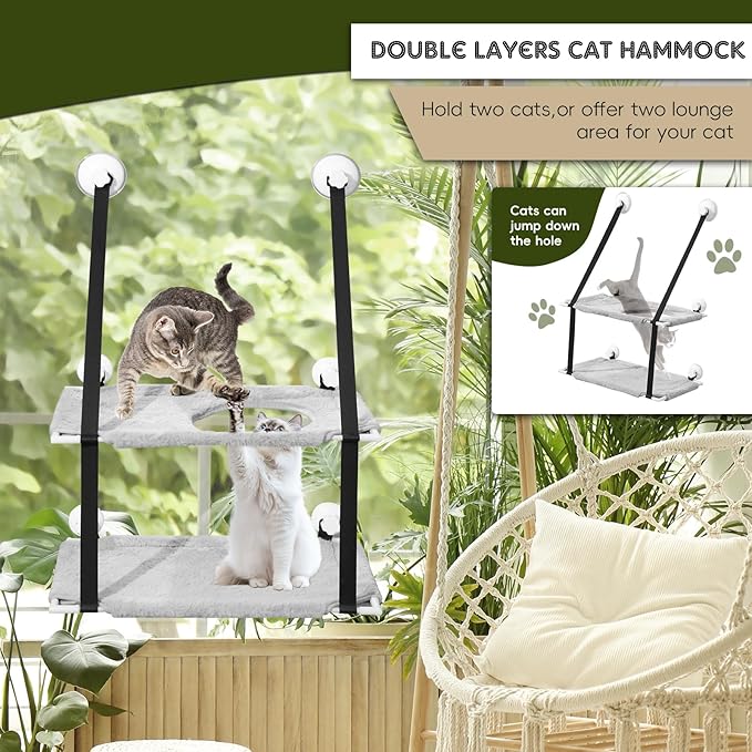 Cat Window Perch, Double Layers Cat Hammock with 6 Stable Screw Suction Cups, Foldable Cat Window Bed Hold Two Cats, Cat Window Seat with Flannel Cat Shelves for Wall