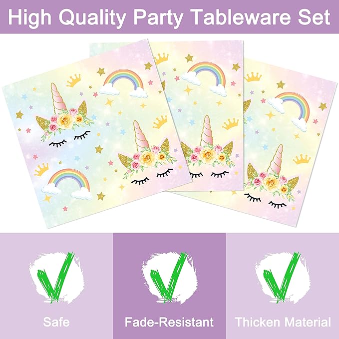 96 Pcs Birthday Plates and Napkins Party Supplies, Gold Horned Horse Disposable Forks Paper Dessert Tableware Decorations Table Dinnerware Favors Set, Serves 24