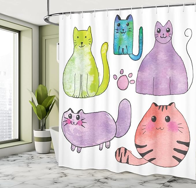 Ambesonne Kitten Shower Curtain, Hand Drawn Colorful Cartoon Style Print Domestic Cats Pets Paws in Watercolors, Cloth Fabric Bathroom Decor Set with Hooks, 69" W x 75" L, Violet White Multicolor