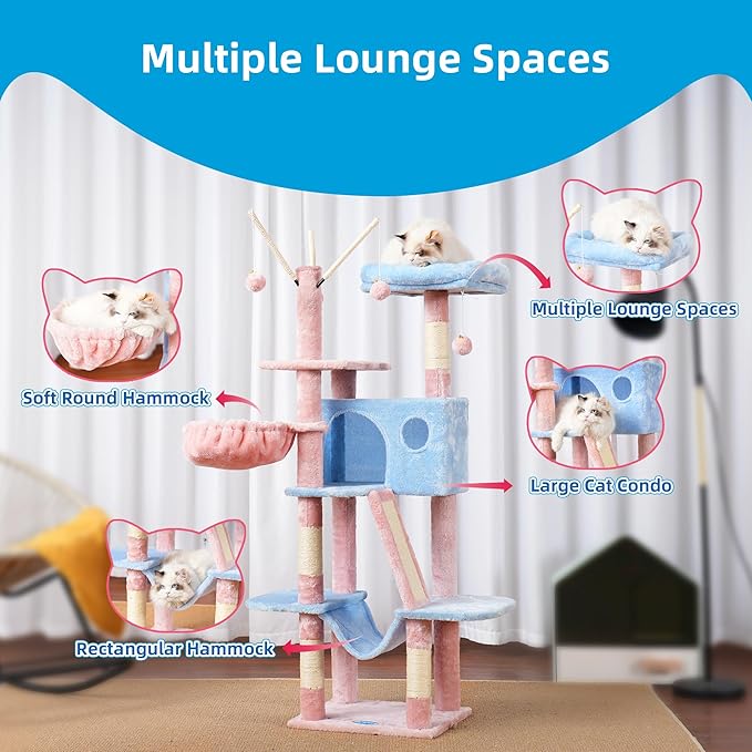 Hey-brother Cat Tree, 53 inch Cat Tower for Indoor Cats, Cat House with Padded Platform Bed, Toy Balls, Large Cozy Condo, Hammocks and Sisal Scratching Posts,Blue and Pink MPJ019SBP
