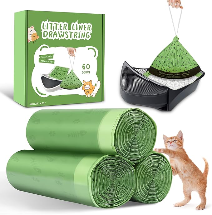 60 Count Self Cleaning Drawstring Cat Litter Box Bags Compatible with Litter-Robot 4 and 3, 24'' x 29'' Waste Bags, 9-11 Gallons Heavy Duty Kitty Litter Bags Replacement for Automatic Cat Litter Box