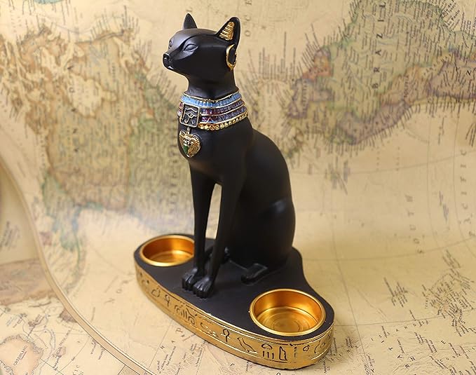 Ancient Egypt Egyptian Bastet Cat Goddess Statue Collectible Figurine Bastet Cat Sculpture with 2 Tea Light Candle Holder (Cat Statue with Candle Holder)