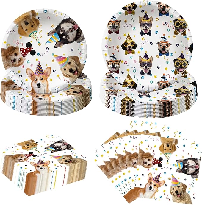 80PCS Dog Party Supplies - Puppy Dog Paper Plates and Napkins for Kids Doggy Birthday or Babyshower Party Decorations, Serves 40