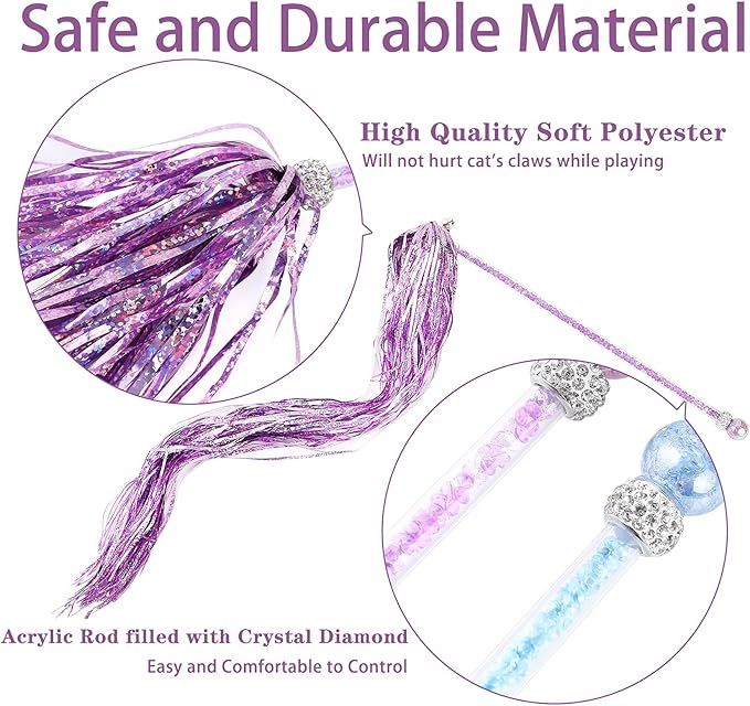 2PCS Cat Wand Toy, Interactive Cat Toy with Shiny Tassel and Loud Jingle Bell, Crystal Beaded Crown Cat Feather Replacements for Indoor Cats Kitten Play Chase Exercise, 26 Inch Long