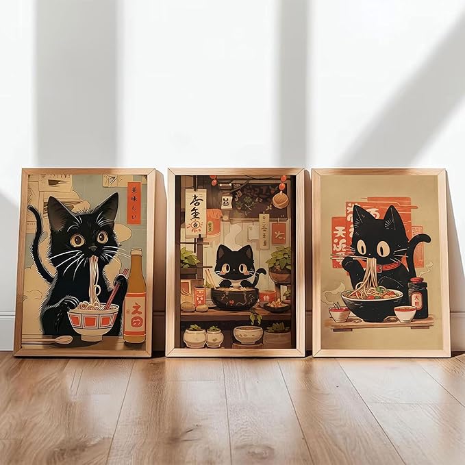 3Pcs Funny Japanese Black Cat Canvas Wall Art Vintage Animal Posters Prints Edo Period Ramen Cat Pictures Japan Quirky Cat Painting Kitchen Dining Wall Decor Animal Lover Gift 12x16in Unframed