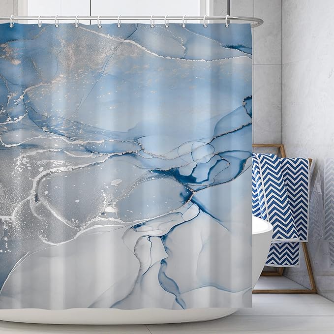 AWERT Blue Marble Shower Curtain for Bathroom Modern Blue White Marble Ink Shower Curtain with Hooks Washable Bathroom Accessories Bathtub Decor 72x84inch