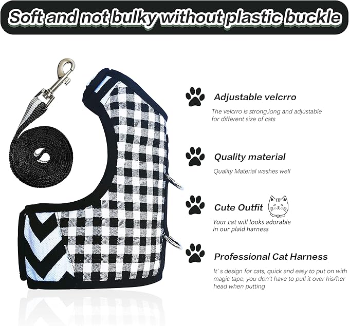 Cat Harness and Leash for Walking Escape Proof, Adjustable Cat Vest Harness, Padded Stylish Cat Walking Jackets, Black Plaid, Medium