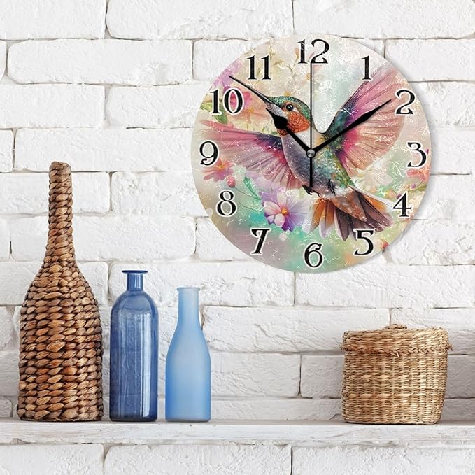 ALAZA Birds Clock Hummingbird Wall Clock Battery Operated Kitchen Clock 9.5 Inch Flowers Bathroom Clock Non Ticking Round Decorative Desk Clock Bedroom Living Room Decor