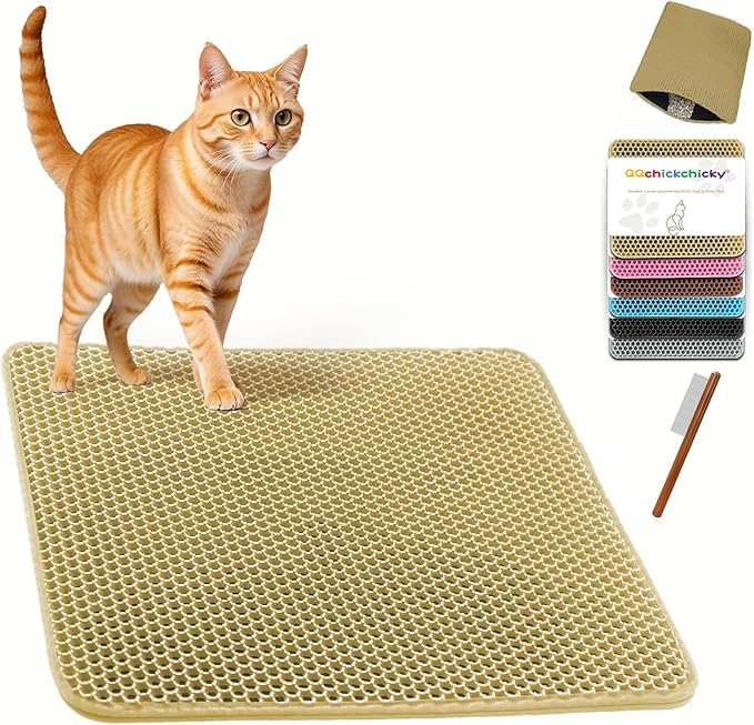 2025 𝗡𝗘𝗪 Waterproof Cat Litter Mat | Double Layer EVA, Odor-Free Large Grid | Urine Proof & Easy Cleanup | Soft on Paws | Versatile Design for Litter and Feeding (Khaki, 16×21)