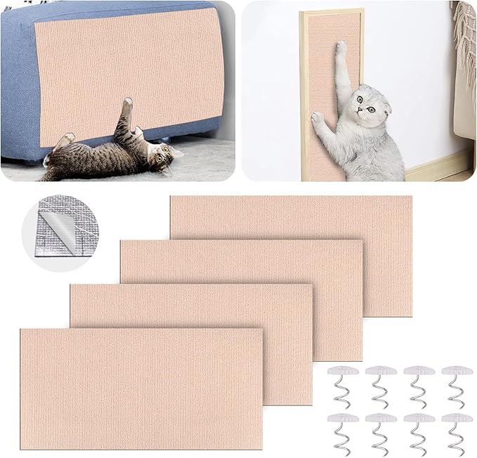 Mity rain 4PCS Cat Scratch Furniture Protector Mats 23.6“X11.8”Trimmable Self-Adhesive Cat Scratch Pads with 8PCS Furniture Nails Cat Couch Protector Mat for Pet Furniture DIY Beige
