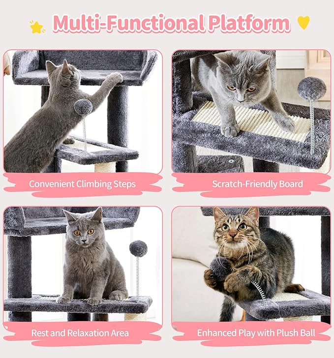 Made4Pets Cat Tree, Multi-Level Small Cat Tower for Indoor Cats, 29" Tall Cute Kitten Scratcher Condo with Sisal Scratching Post and Pad Steps, Plush Cat Cave with Pom-Pom for Small Kitty, Dark Grey