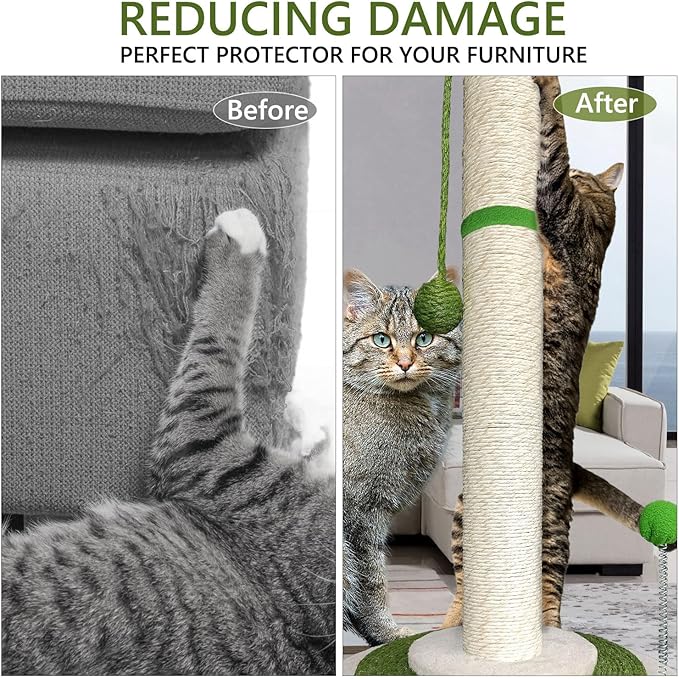 Cat Scratching Post 38" Tall Scratching Post for Indoor Cats Cat Scratcher Cat Tree Wrapped Sisal Rope Large Cat Scratching Post Cute Cat Scratching with Interactive Dangling Balls and Spring Ball