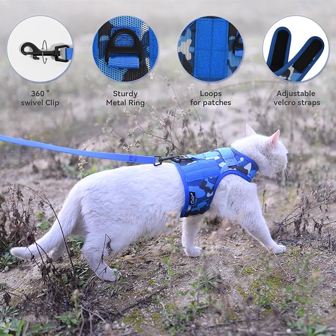 Tactical Cat Harness and Leash for Walking Escape Proof Breathable Mesh Fabric, Ocean Camo, Large, Adjustable Cat Walking Jackets, Padded Stylish Cat Vest
