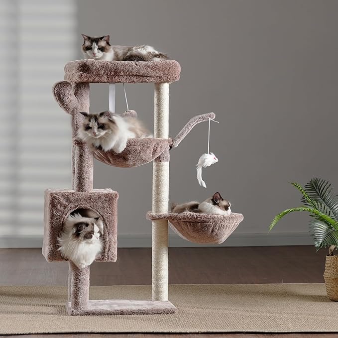 Heybly Cat Tree, 39.4 Inches Tower Condo with Scratching Post, Cat Tower for Indoor Cats, Fully Wrapped Sisal Pole, Soft Platform, 2 Baskets and Dangling Toy, Muchroom HCT006SMU