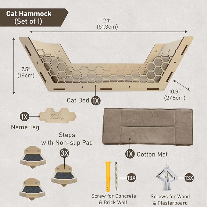 Wall Mounted Cat Shelves-Hexagon Cat Shelves and Perches for Wall Climbing-Cat Wall Furniture Set with 3 Scratching Steps and Washable Bed Mat-(Set of 1)