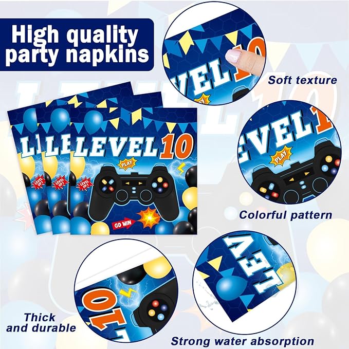 96Pcs 10th Birthday Video Game Party Supplies Blue 10th Plates and Napkins Tableware Set Level 10 Party Decorations for Boys Gamer Birthday 10 Year Old Party Favors for 24 Guests