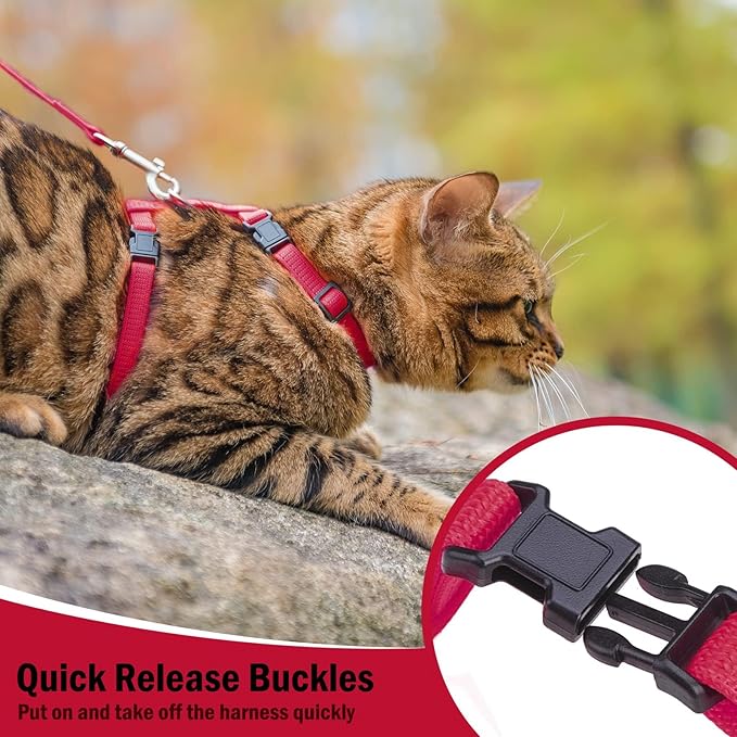 PUPTECK Adjustable Cat Harness and Leash Set Escape Proof Kitten Strap Collar for Walking Travel, Red, M