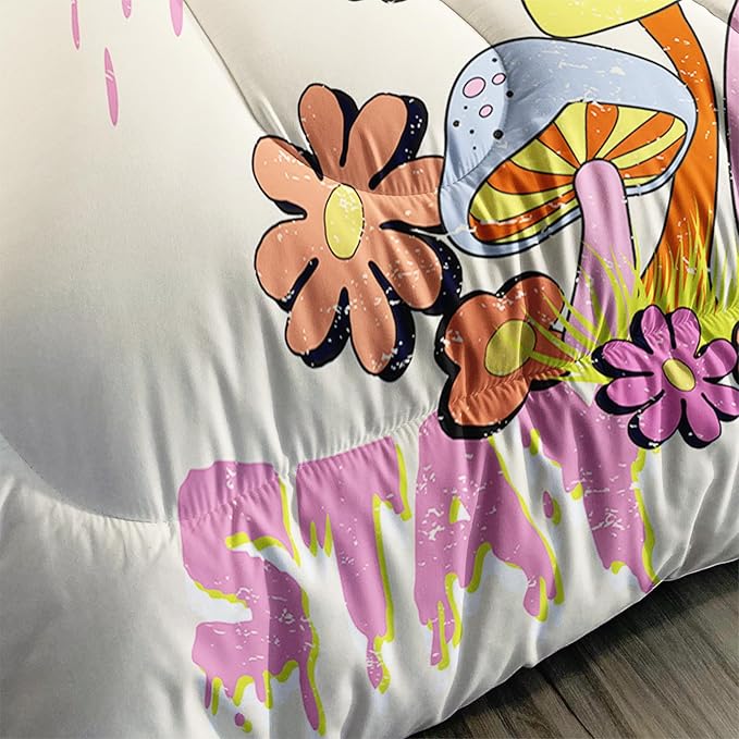 Axolotl Cartoon Mushroom Comforter Set Queen,Colorful Mushrooms Bedding Girls Bedding Set,Floral Comforter Set Red Pink Flower,Cute Mushroom Bedding Set For Kids Boys Girls Teens,1 Quilt 2 Pillowcases