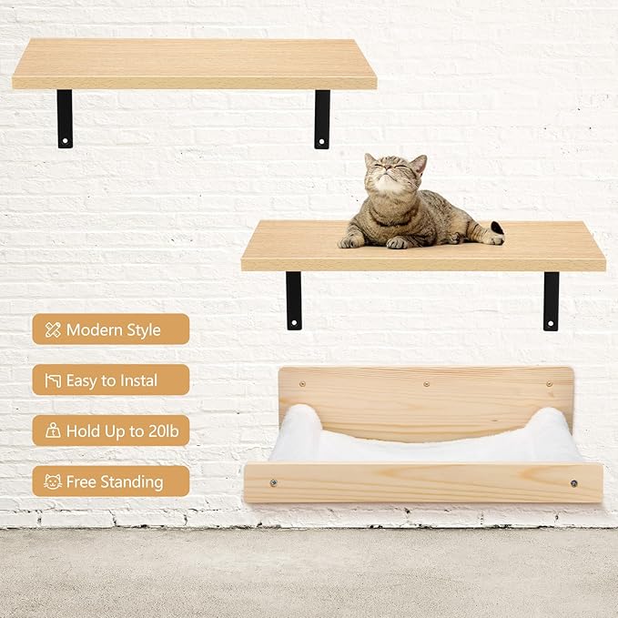 16" x 8" 2 Pcs Large Cat Wall Shelves with 16" x 14" Cat Hammock and Cat Scratching Mat Cat Wall Furniture Set Cat Climbing Shelf for 16 Inch Drywall, Suitable for Sleep, Climb, Play, Nap