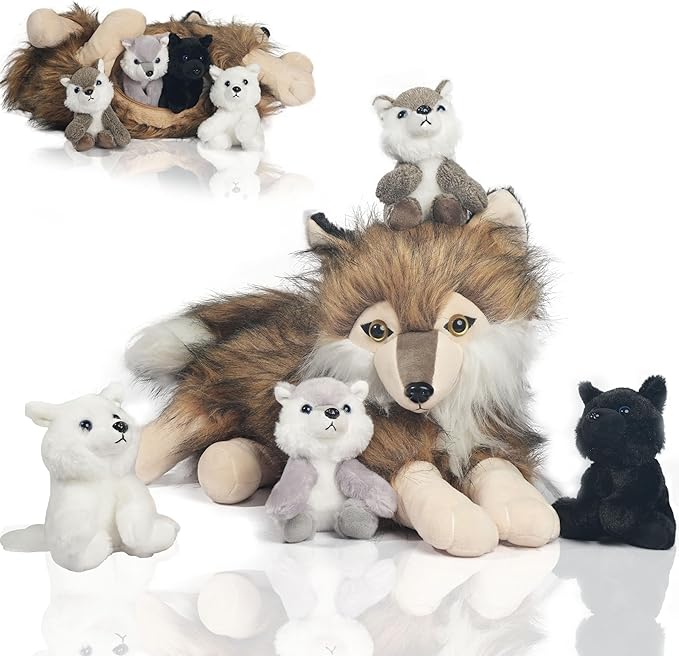 5 Pcs Wolf Stuffed Animal Plush Toy, 16 Inch Mommy Stuffed Wolf with 4 Baby Wolves in Her Zippered Pouch,Cute Nurturing Wolves Plushies for Kids Boys Girls Easter Birthday Gifts Party Decoration