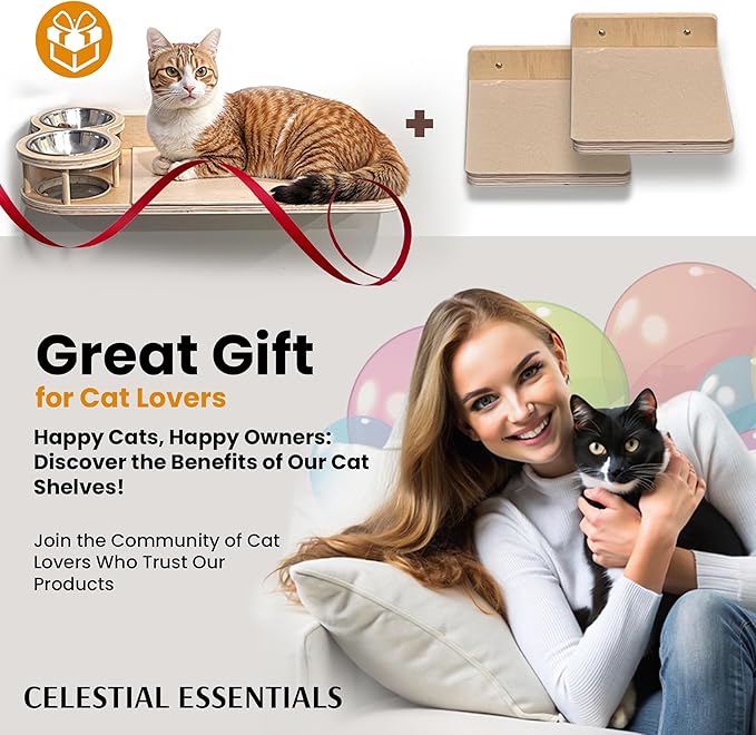 Cat Wall Shelves by CELESTIAL ESSENTIALS –Modern Wall-Mounted Cat Climbing Shelves with Bowls, Steps, Hammock, Carpet Bed, Spacious Perching Shelf, Sturdy Furniture Gift, Special Sale!