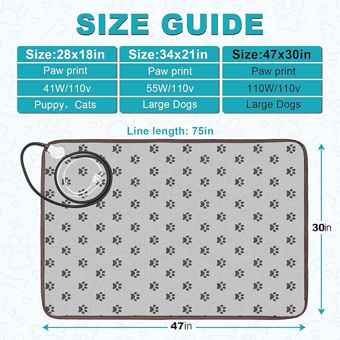 Extra Large Dog Heating Pad, 47x30 in, Grey, Heat Mat for Dog, Waterproof Heated Dog Bed, Whelping Heat Pad, Dog Beds for Indoor Dogs