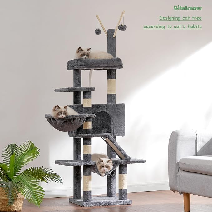 Cat Tree, 63 inch Multi-Level Cat Tower for Indoor Cats, Cat Condo with Cat Scratching Post and Board, Cat Hammock, Smoky Gray GCT011G