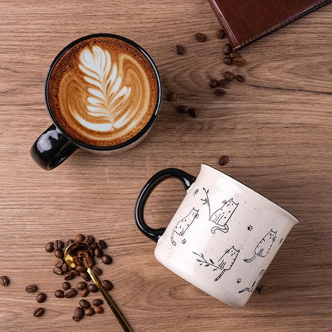 AmorArc 22 OZ Large Ceramic Coffee Mugs Set of 2, Oversized Mugs With Big Handle for Men Women Dad Mom, Big Mug With Textured Dogs Cats Patterns for Office & Home -Microwave Safe, 2 Pcs-Black