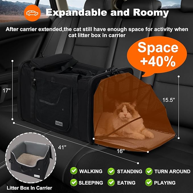 25''(L) x 17''(W) x 17''(H) Extra-Large Expandable cat Carrier for car Travel,with a Leakproof Portable Tall-Side Litter Box and Foldable Food Bowl(Black)