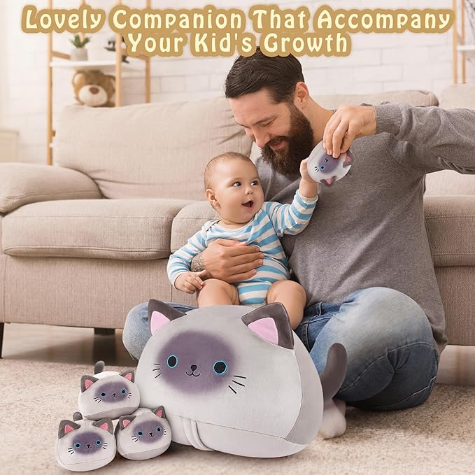 5 PCS Siamese Cat Plush Stuffed Animal Family-19" Soft Siamese Cat Plush, Large Mommy Plushies with 4 Baby Kittens Plushies for Kids, Kawaii Plush Toy Christmas Birthday Gifts for Kids Boys Girls