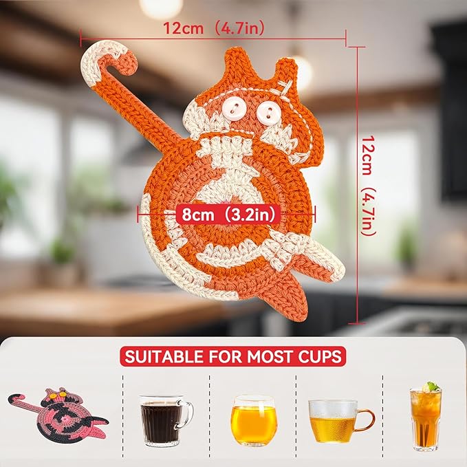 8 Pcs Coasters for Drinks, Boho Style Coaster, Cotton Woven Creative Cute Cat Coaster, Funny Coasters for Bar, Table Protection Suitable, Housewarming Gifts New Home