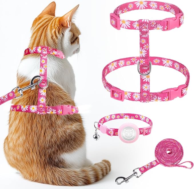 KOOLTAIL Cat Harness and Leash Set Escape Proof with Airtag Holder Collars (3 in 1), Comfortable Lightweight Adjustable Kitten Harness for Small Medium Large Cats Safe Walking & Travel,Pink Daisy