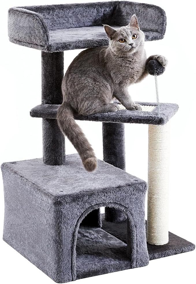 Made4Pets Cat Tree, Multi-Level Small Cat Tower for Indoor Cats, 29" Tall Cute Kitten Scratcher Condo with Sisal Scratching Post and Pad Steps, Plush Cat Cave with Pom-Pom for Small Kitty, Dark Grey