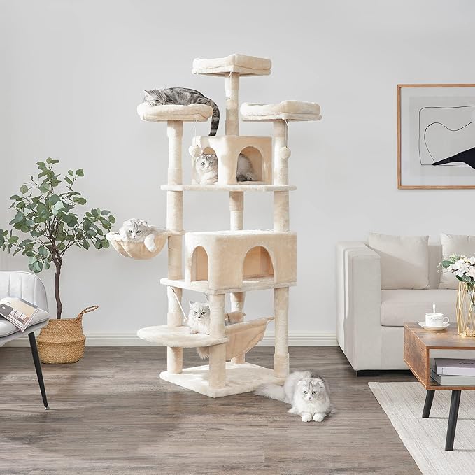 BEWISHOME Cat Tree 66.3 Inch Multi-Level Large Cat Tower with Plush Top Perches, Sisal Scratching Post Cat Play House Kitty Activity Center MMJ14M